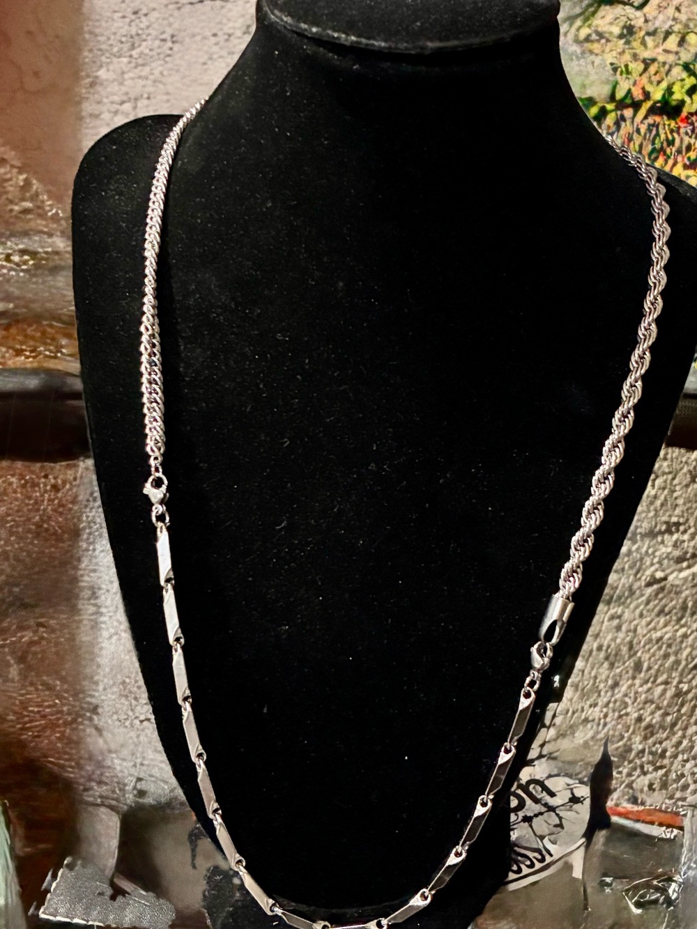 Upcycled Multi-Chain Necklace - 24” Silver Rope, Curb, and Bar Link